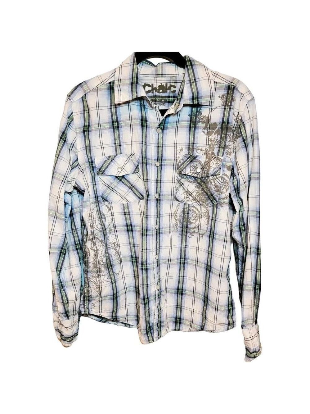 CHALC Men's Pearl Snap Button Down Graphic Long Sleeve Shirt sz(S)